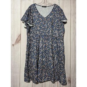 Celkuser Dress Womens 22 Plus Blue Floral V Neck Short Sleeve Pockets Midi